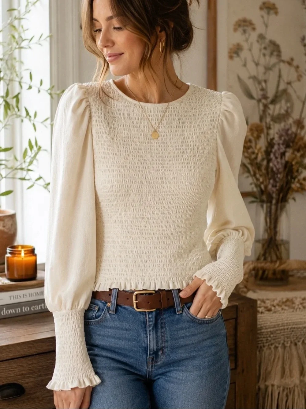 Anthropologie Ivory Smocked Balloon Long-Sleeve Top